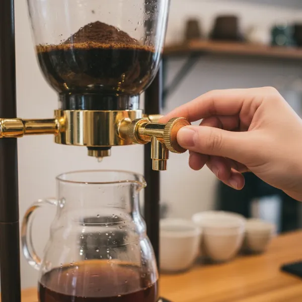 A person's hand precisely adjusting the drip valve on a Yama Glass Cold Brew Tower, with coffee grounds visible below.