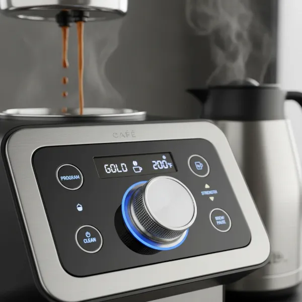 Close-up of Cafe Specialty Drip Coffee Maker control panel showing brew settings and display.