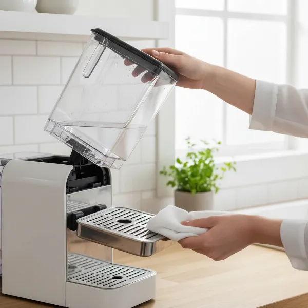 A person cleaning the removable drip tray and water tank of the EspressoWorks All-In-One, emphasizing ease of maintenance, clean kitchen background