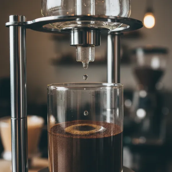 Close-up of the Yama Glass Cold Brew Tower's drip mechanism, showing water slowly falling onto coffee grounds.