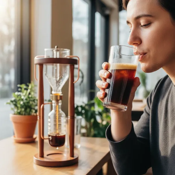 A person smiling while enjoying a glass of cold brew coffee, with a Yama Tower subtly in the background, suggesting a rewarding experience.