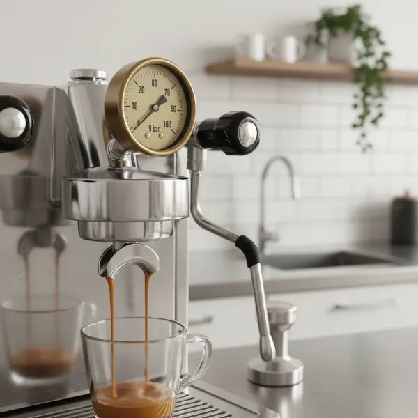 An espresso machine with a visible pressure gauge showing 9 bars, indicating optimal extraction pressure.