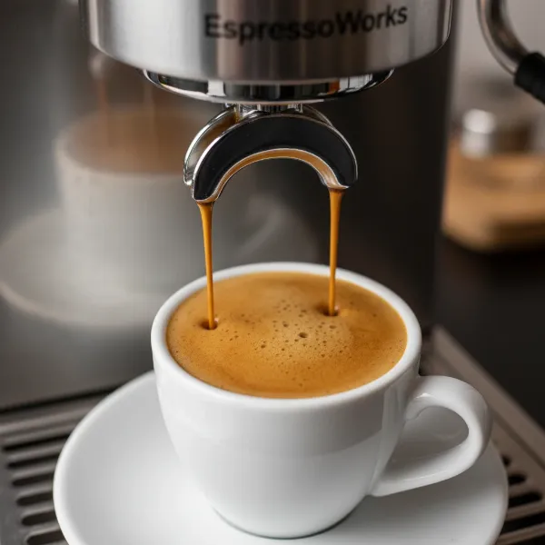 A close-up shot of rich, dark espresso with a thick layer of hazelnut-hued crema being extracted from the EspressoWorks machine into a porcelain cup