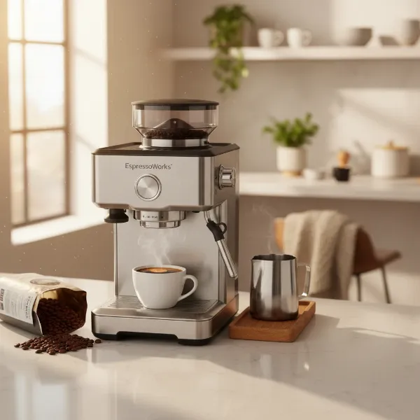EspressoWorks All-In-One coffee machine set up on a kitchen counter, with espresso cups and steam rising from a fresh brew, soft morning light, cozy atmosphere