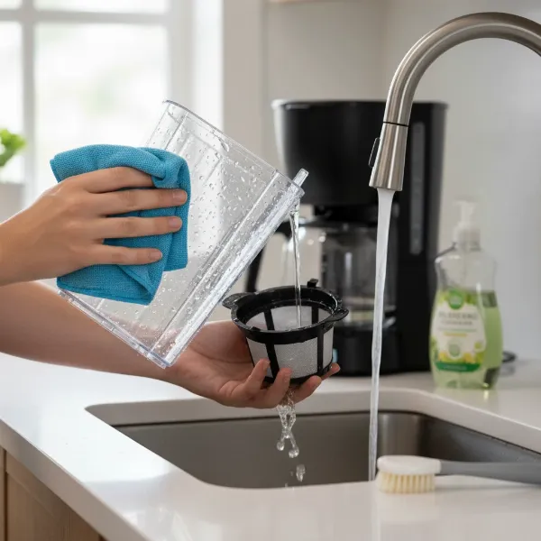 Hands cleaning a Hamilton Beach FlexBrew coffee maker, emphasizing easy maintenance and care for longevity.