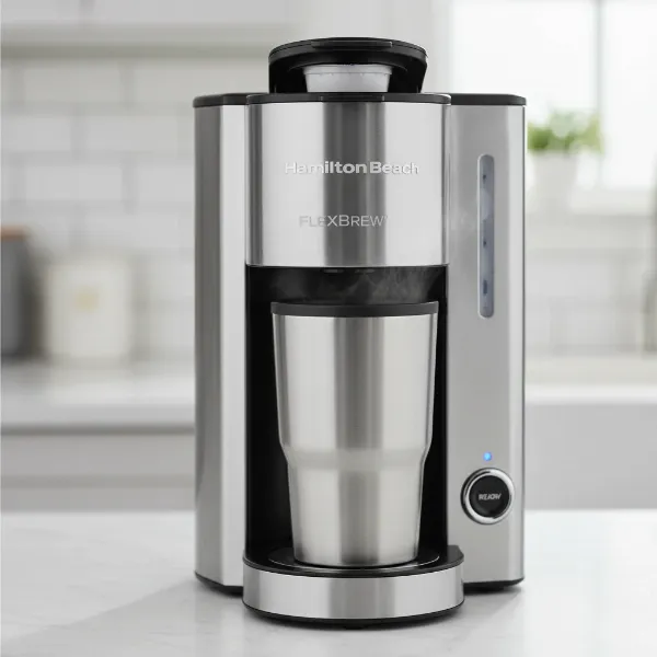 A Hamilton Beach FlexBrew single-serve coffee maker with a travel mug, emphasizing convenience and customizable brew sizes.