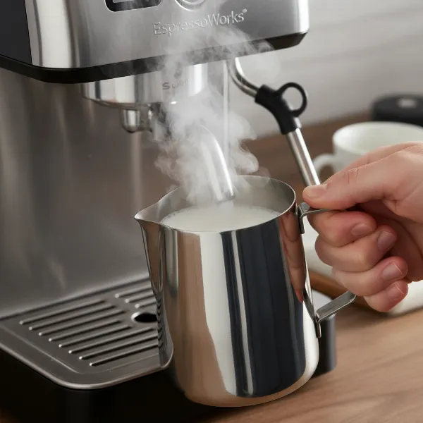 A hand holding a stainless steel frothing pitcher under the steam wand of the EspressoWorks machine, creating microfoam for a latte, steam visibly rising
