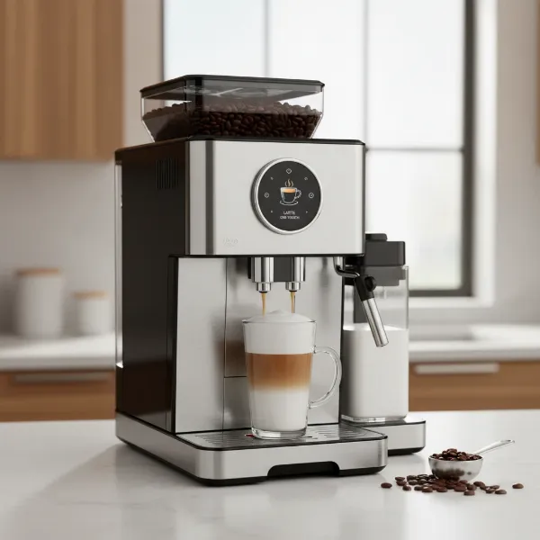 Modern fully automatic espresso machine in a kitchen making a latte with one-touch convenience.