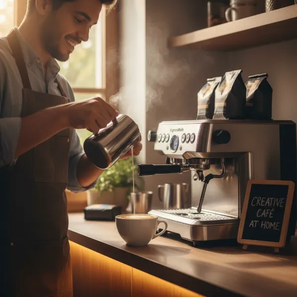 A person confidently pouring latte art with milk frothed by the EspressoWorks machine into a cappuccino cup, looking like a home barista, warm lighting