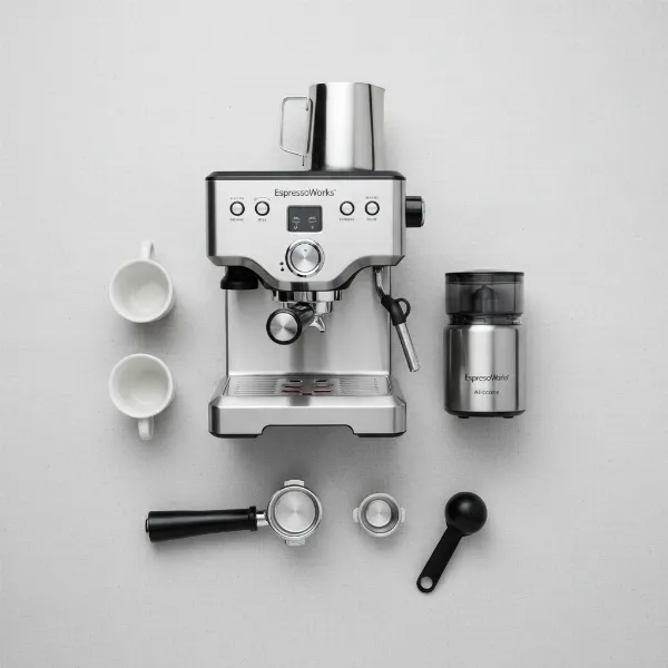 A flat lay of all accessories included with the EspressoWorks All-In-One: machine, grinder, portafilter, baskets, tamper, frothing pitcher, ceramic cups, on a light background