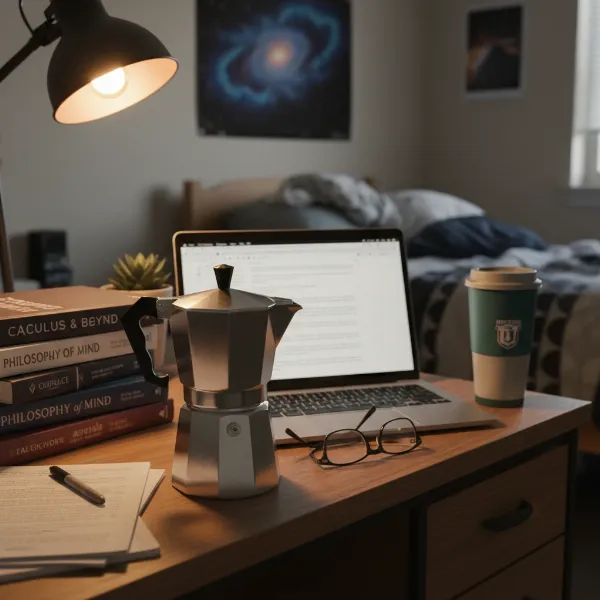 A compact manual espresso maker like an AeroPress or Moka Pot in a college dorm room setting, emphasizing small size and simplicity.