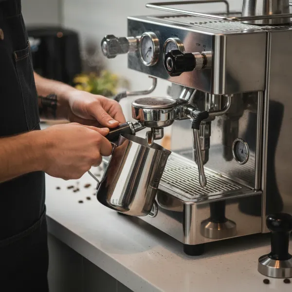 Barista preparing a latte with a semi-automatic espresso machine, demonstrating manual control and skill.